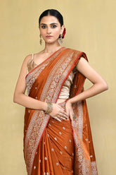 Rust Mushroo Satin Banarasi Saree With Booti And Meenakari Border